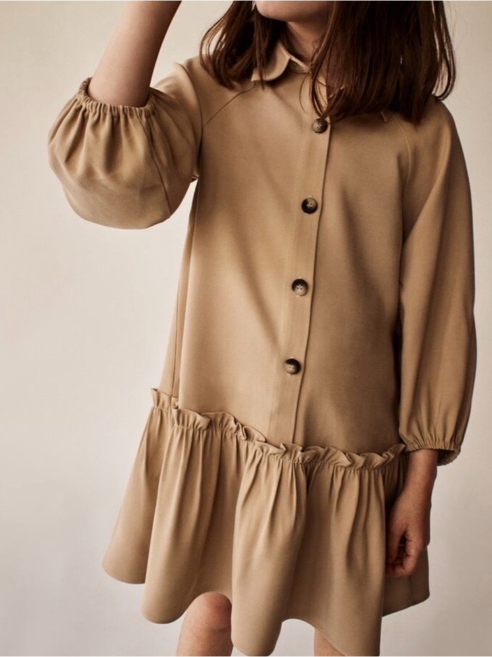 Zara • Girls Beige Ruffle-Hem Button Dress Size 10